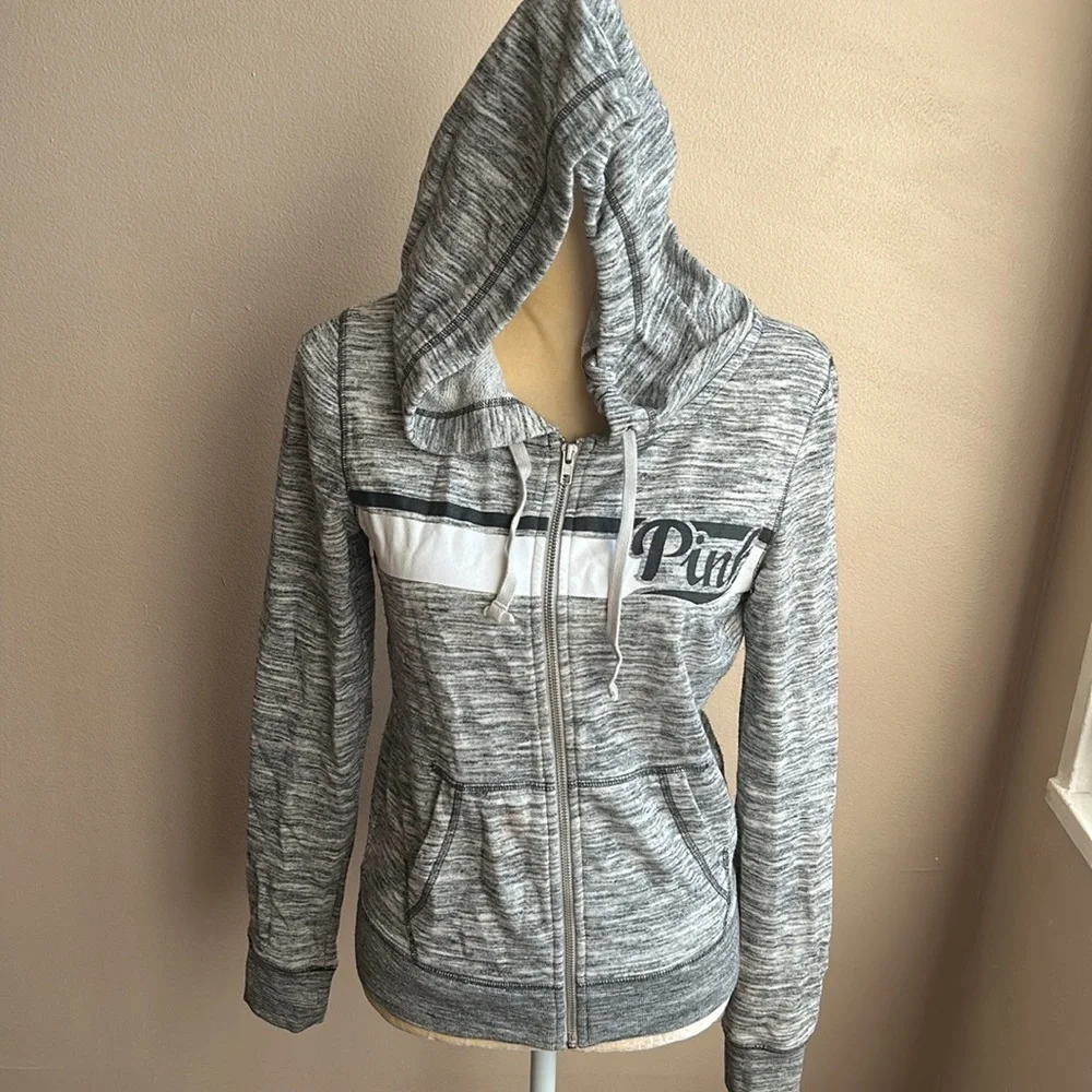 Victoria’s Secret Pink Logo Hoodie Sweatshirt Front Zip Gray Sz XS ST1925 - Picture 4 of 4